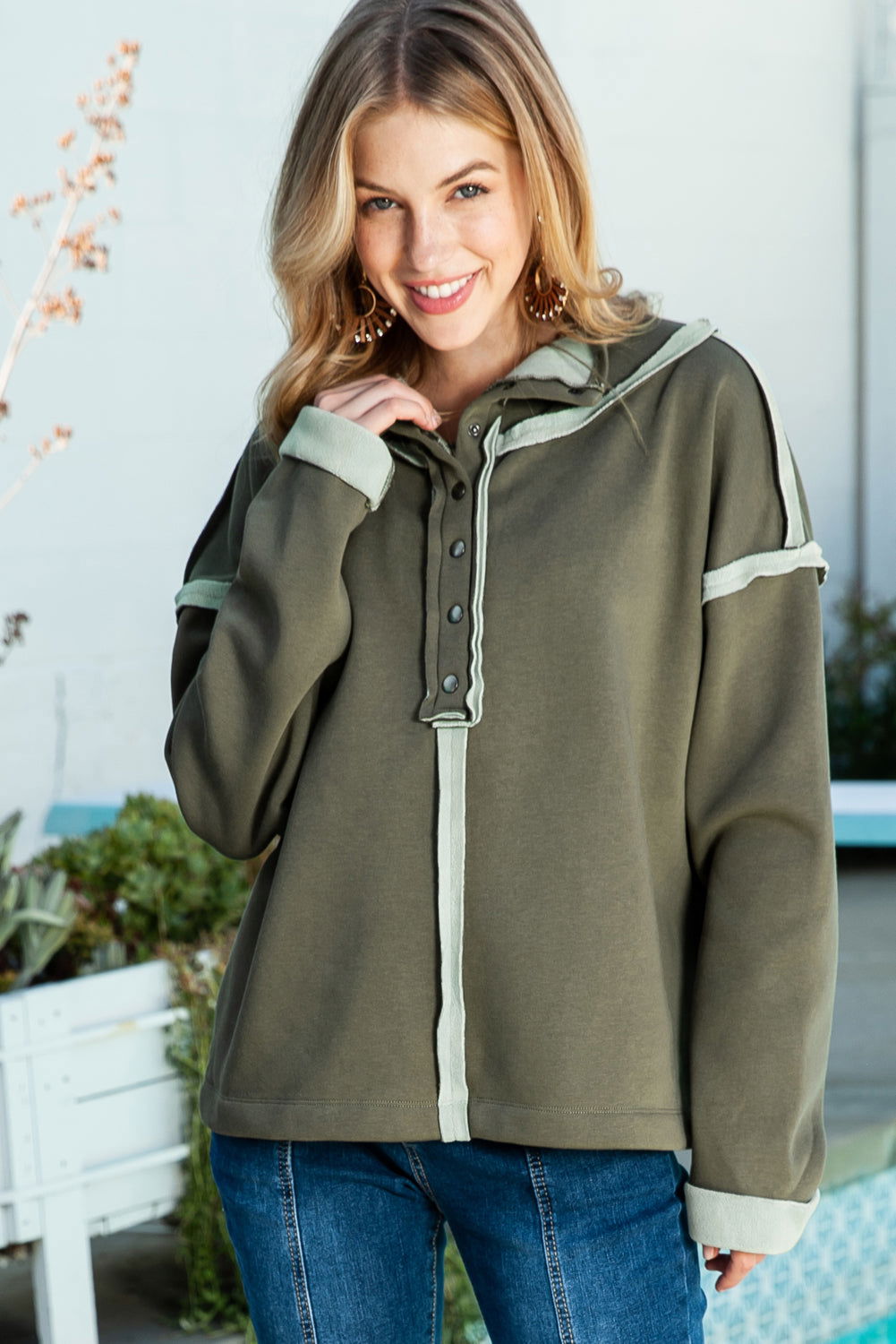 Green Snap Button Fleece Drop Shoulder Sweatshirt - Vesteeto