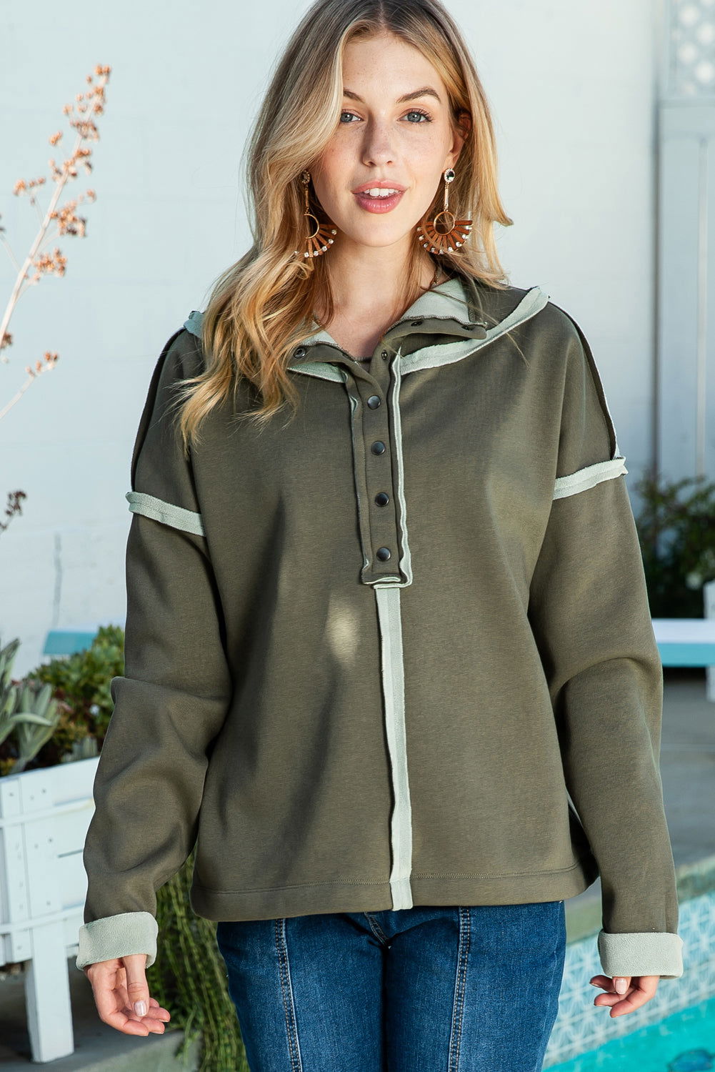 Green Snap Button Fleece Drop Shoulder Sweatshirt - Vesteeto