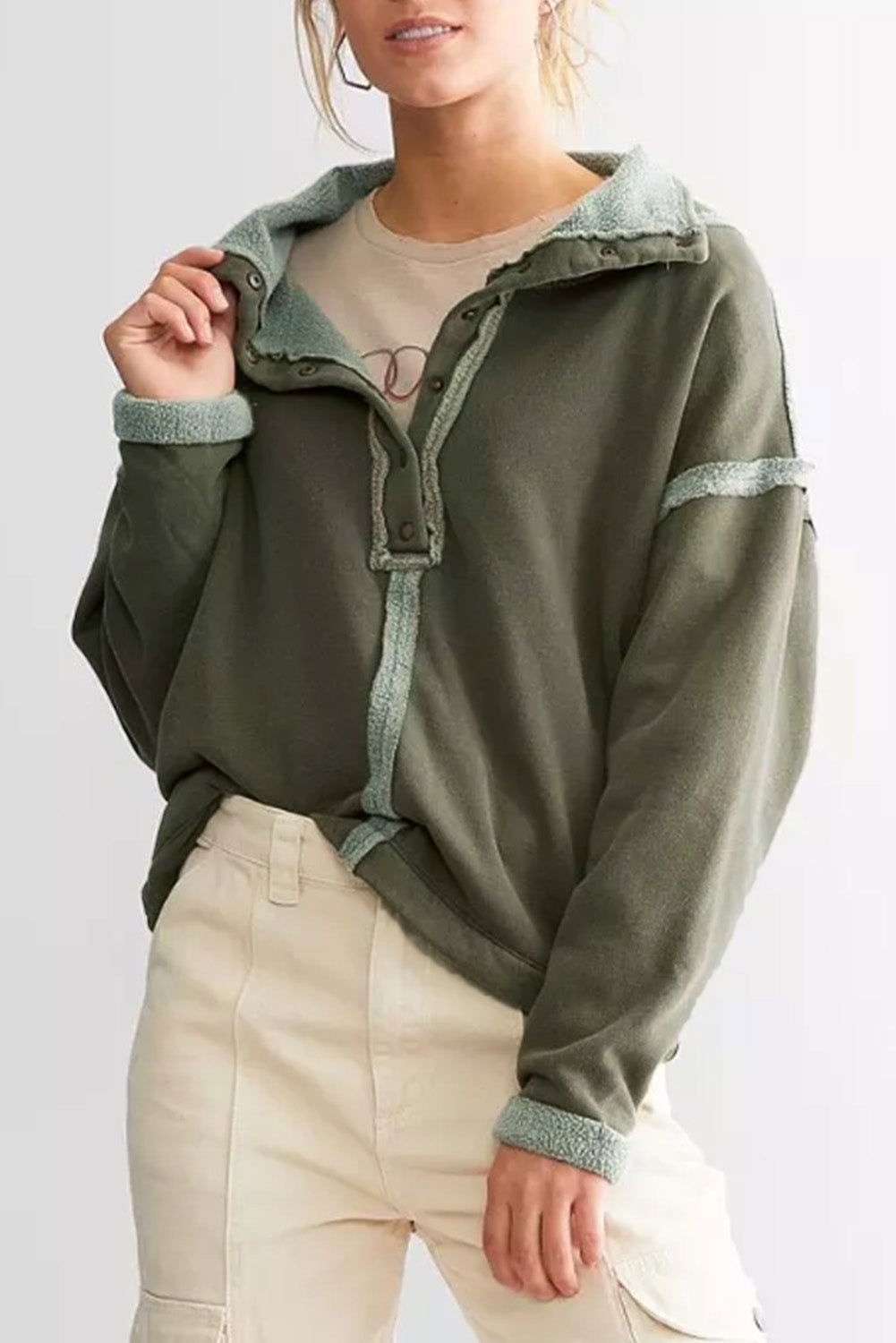 Green Snap Button Fleece Drop Shoulder Sweatshirt - Vesteeto