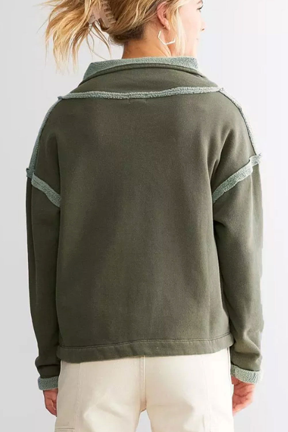 Green Snap Button Fleece Drop Shoulder Sweatshirt - Vesteeto