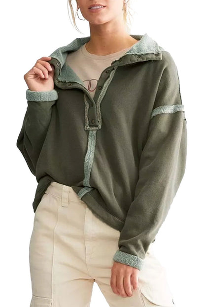 Green Snap Button Fleece Drop Shoulder Sweatshirt - Vesteeto