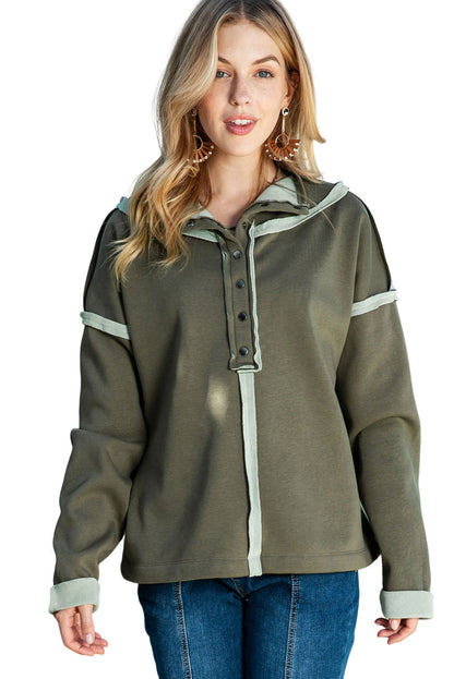 Green Snap Button Fleece Drop Shoulder Sweatshirt - Vesteeto