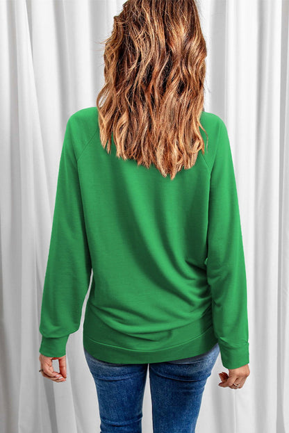 Green Solid Color Round Neck Raglan Sleeve Plain Sweatshirt - Vesteeto