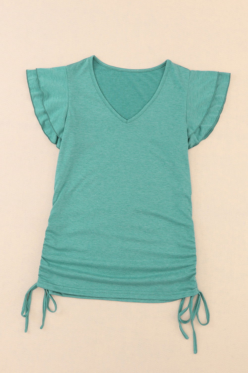 Green Solid Ruffle Short Sleeves V Neck Drawstring Top - Vesteeto