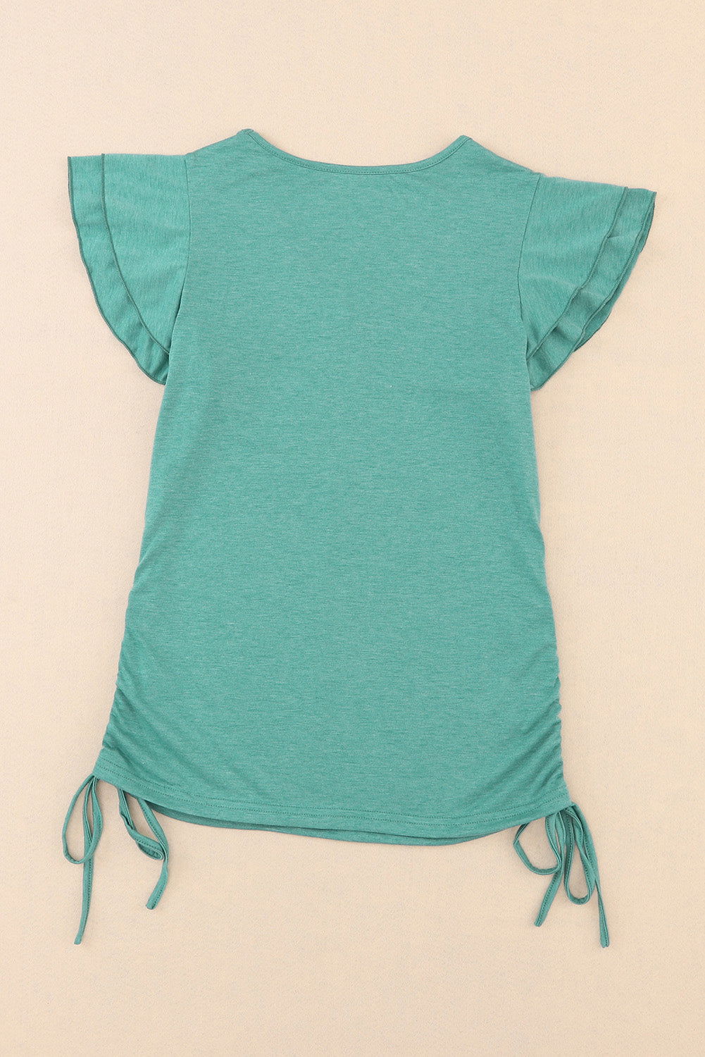 Green Solid Ruffle Short Sleeves V Neck Drawstring Top - Vesteeto