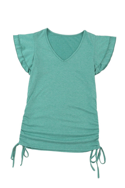 Green Solid Ruffle Short Sleeves V Neck Drawstring Top - Vesteeto