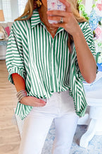 Green Stripe Dolman Sleeve Oversized Blouse - Vesteeto