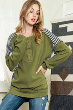 Green Striped Print Waffle Patchwork Henley Pullover Sweatshirt - Vesteeto