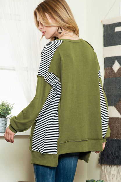 Green Striped Print Waffle Patchwork Henley Pullover Sweatshirt - Vesteeto