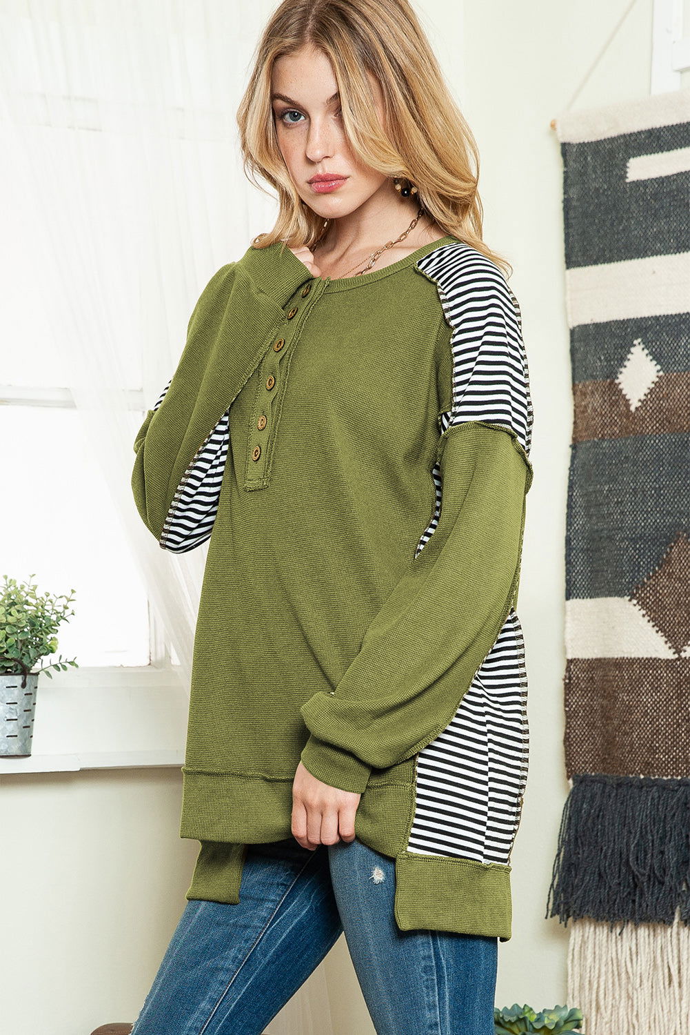 Green Striped Print Waffle Patchwork Henley Pullover Sweatshirt - Vesteeto