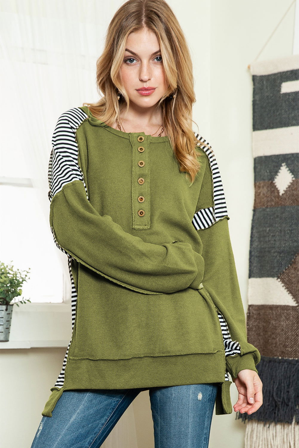 Green Striped Print Waffle Patchwork Henley Pullover Sweatshirt - Vesteeto