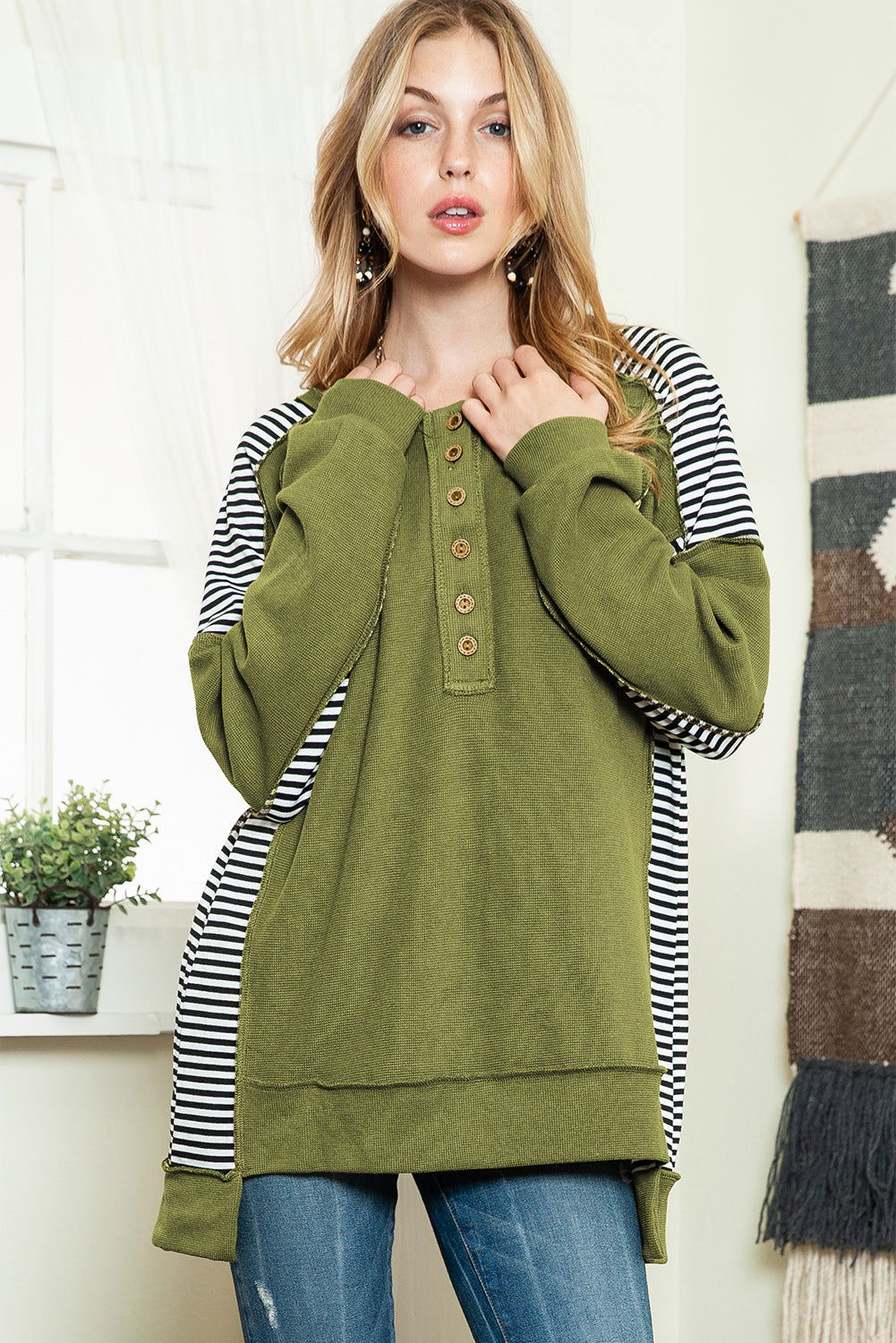 Green Striped Print Waffle Patchwork Henley Pullover Sweatshirt - Vesteeto