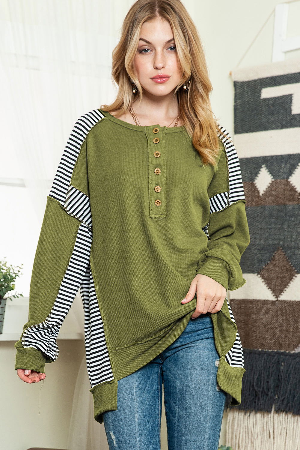 Green Striped Print Waffle Patchwork Henley Pullover Sweatshirt - Vesteeto