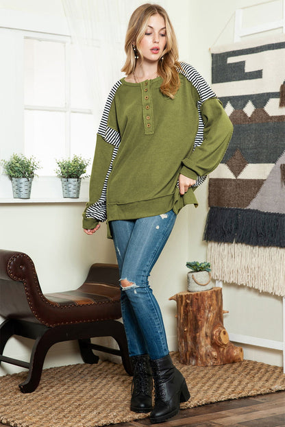 Green Striped Print Waffle Patchwork Henley Pullover Sweatshirt - Vesteeto