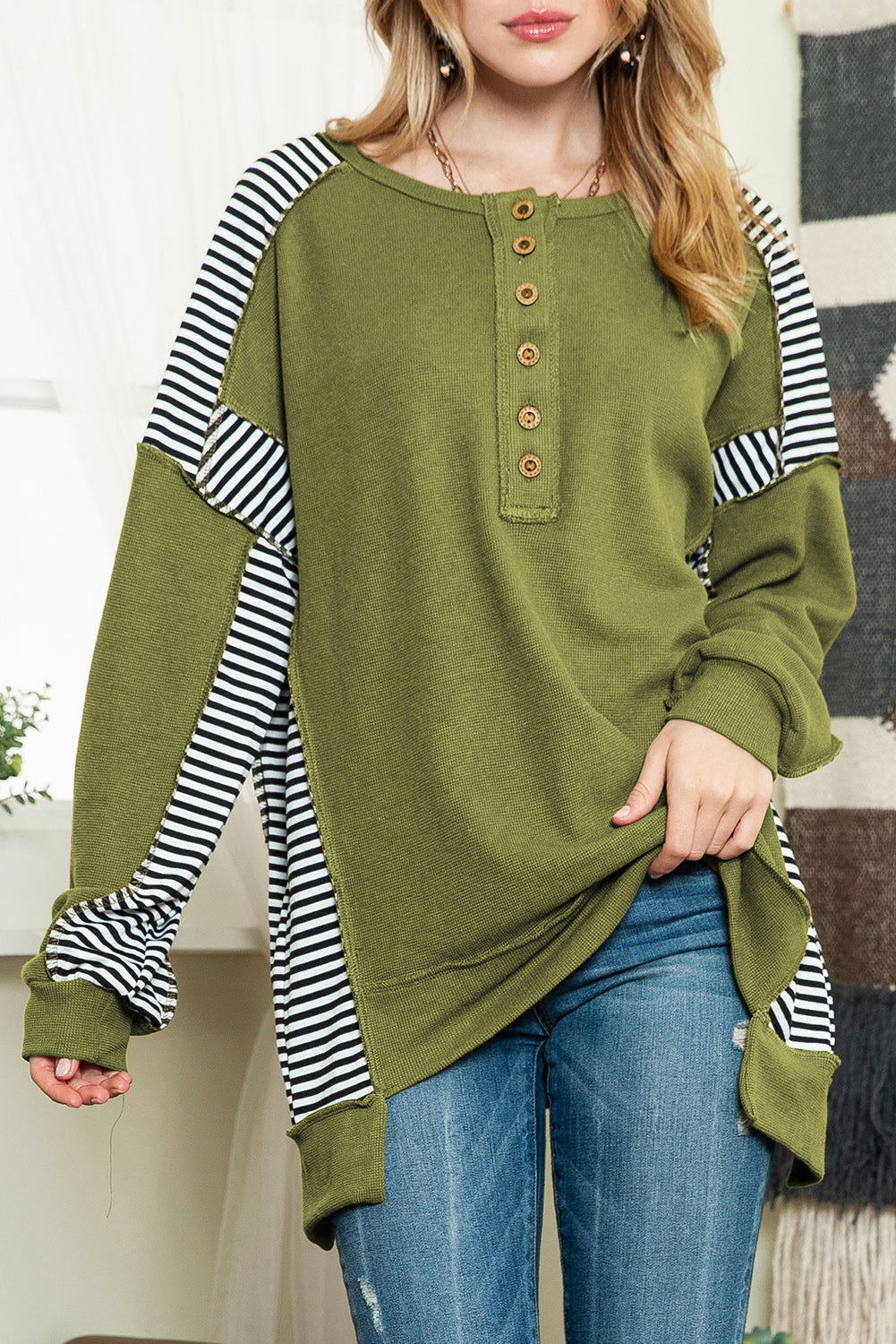 Green Striped Print Waffle Patchwork Henley Pullover Sweatshirt - Vesteeto