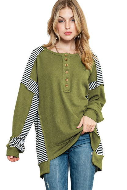 Green Striped Print Waffle Patchwork Henley Pullover Sweatshirt - Vesteeto