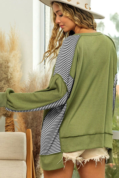 Green Striped Print Waffle Patchwork Henley Pullover Sweatshirt - Vesteeto