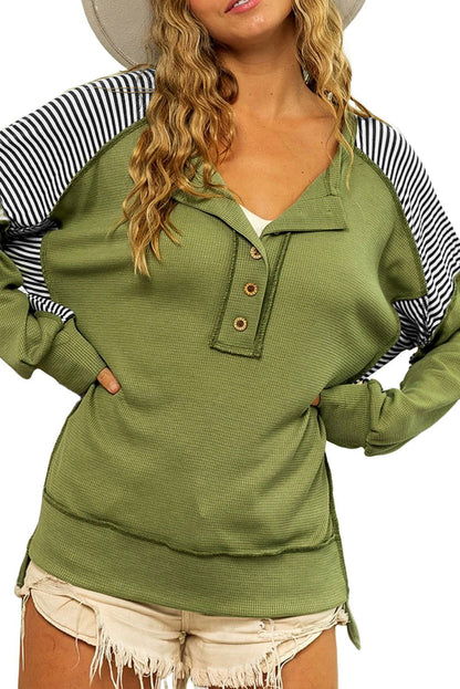 Green Striped Print Waffle Patchwork Henley Pullover Sweatshirt - Vesteeto