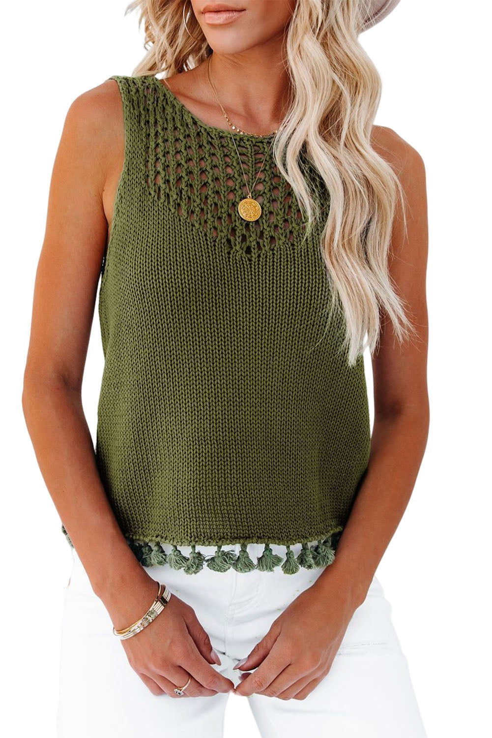 Green Tasseled Crochet Hollow-out Knit Tank Top - Vesteeto