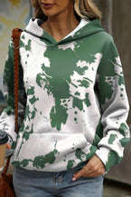 Green Tie Dye Print Kangaroo Pocket Loose Hoodie - Vesteeto