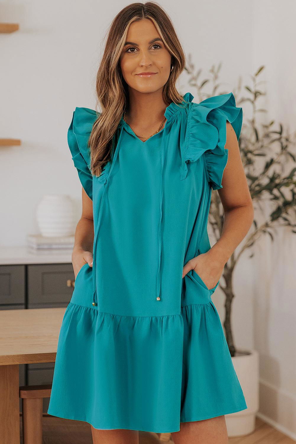 Green Tiered Ruffled Drawstring V Neck Short Dress With Pockets - Vesteeto