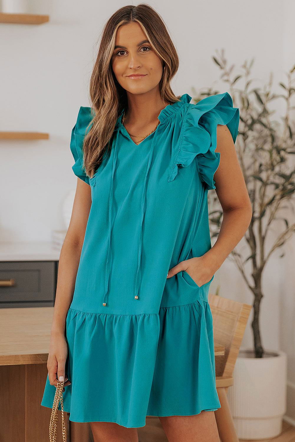 Green Tiered Ruffled Drawstring V Neck Short Dress With Pockets - Vesteeto