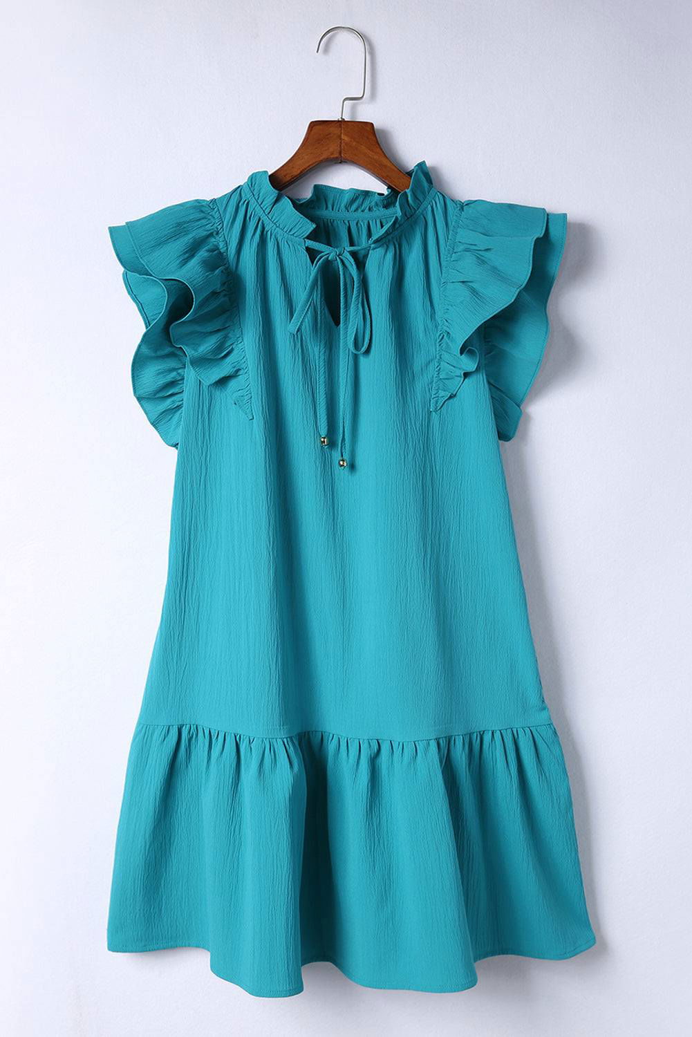 Green Tiered Ruffled Drawstring V Neck Short Dress With Pockets - Vesteeto