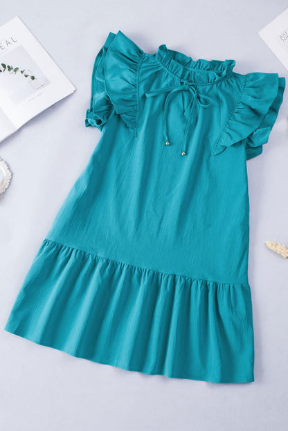 Green Tiered Ruffled Drawstring V Neck Short Dress With Pockets - Vesteeto