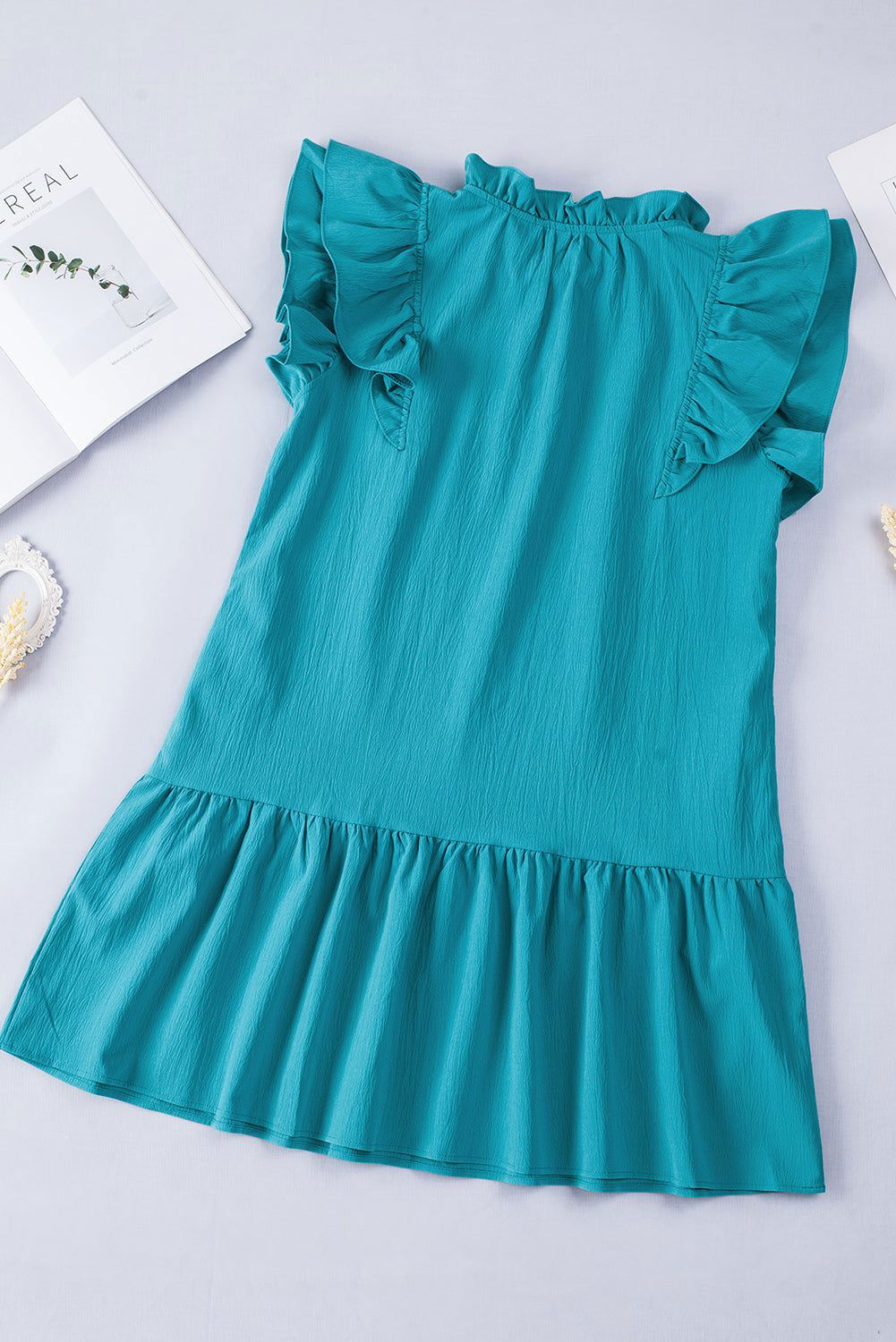 Green Tiered Ruffled Drawstring V Neck Short Dress With Pockets - Vesteeto