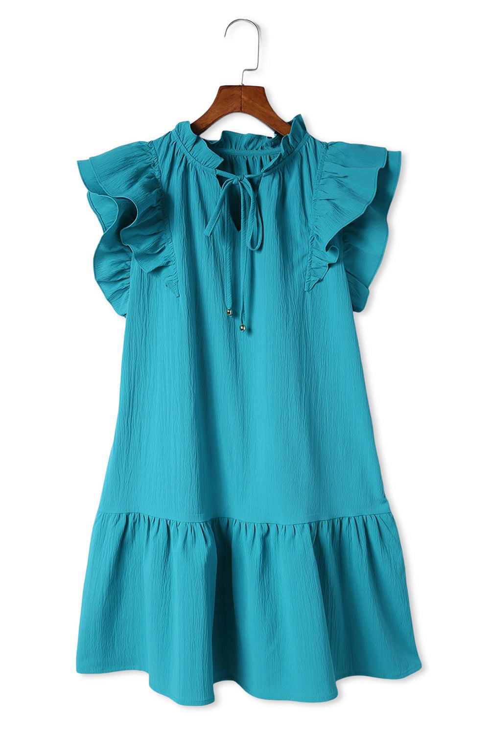 Green Tiered Ruffled Drawstring V Neck Short Dress With Pockets - Vesteeto