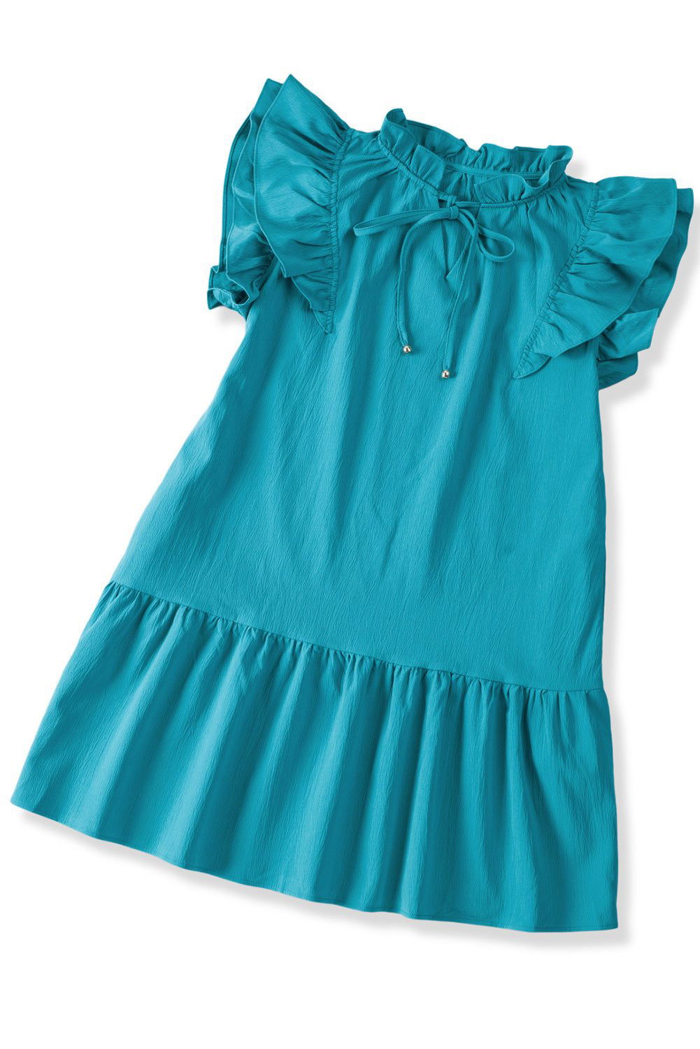 Green Tiered Ruffled Drawstring V Neck Short Dress With Pockets - Vesteeto