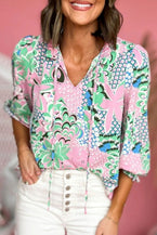 Green Tropical Floral Frill V-Neck Puff Sleeve Blouse - Vesteeto