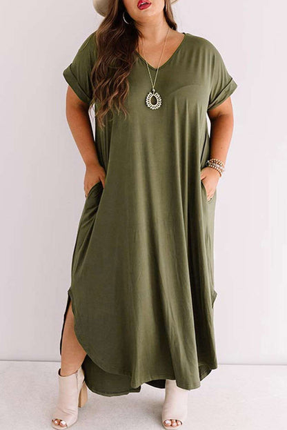 Green V Neck Rolled Cuffs Plus Size Maxi Dress - Vesteeto