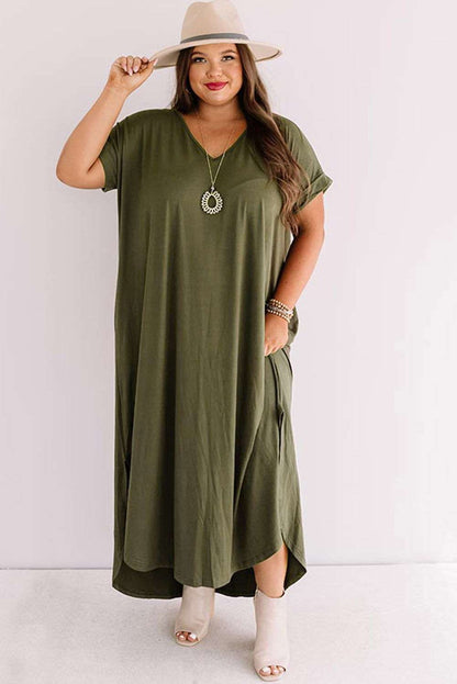 Green V Neck Rolled Cuffs Plus Size Maxi Dress - Vesteeto