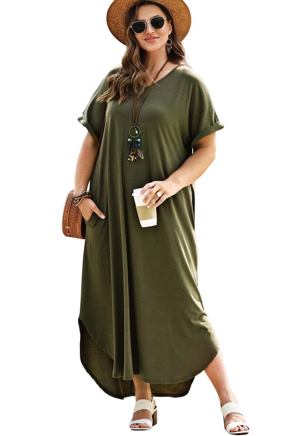 Green V Neck Rolled Cuffs Plus Size Maxi Dress - Vesteeto