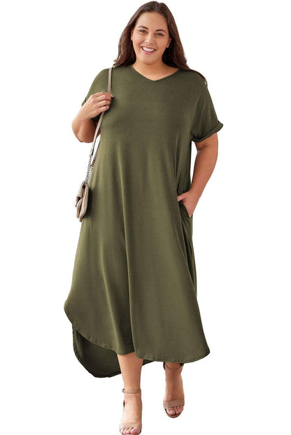 Green V Neck Rolled Cuffs Plus Size Maxi Dress - Vesteeto