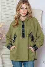 Green Waffle Knit and Flannel Henley Oversized Hoodie - Vesteeto