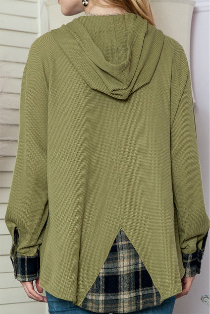 Green Waffle Knit and Flannel Henley Oversized Hoodie - Vesteeto