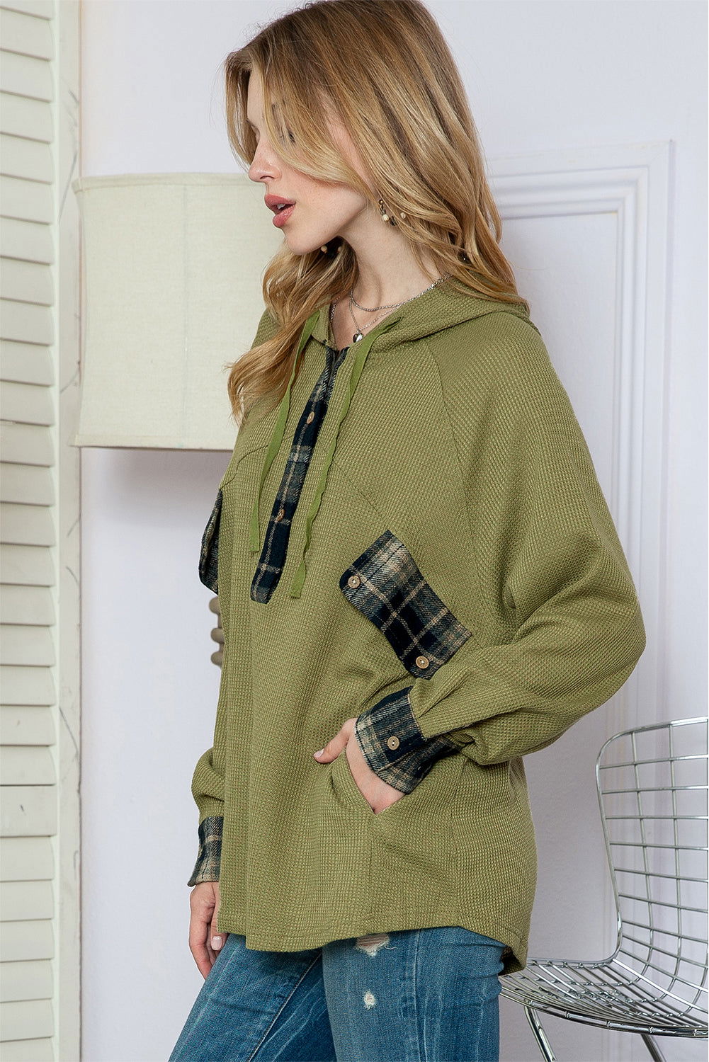 Green Waffle Knit and Flannel Henley Oversized Hoodie - Vesteeto