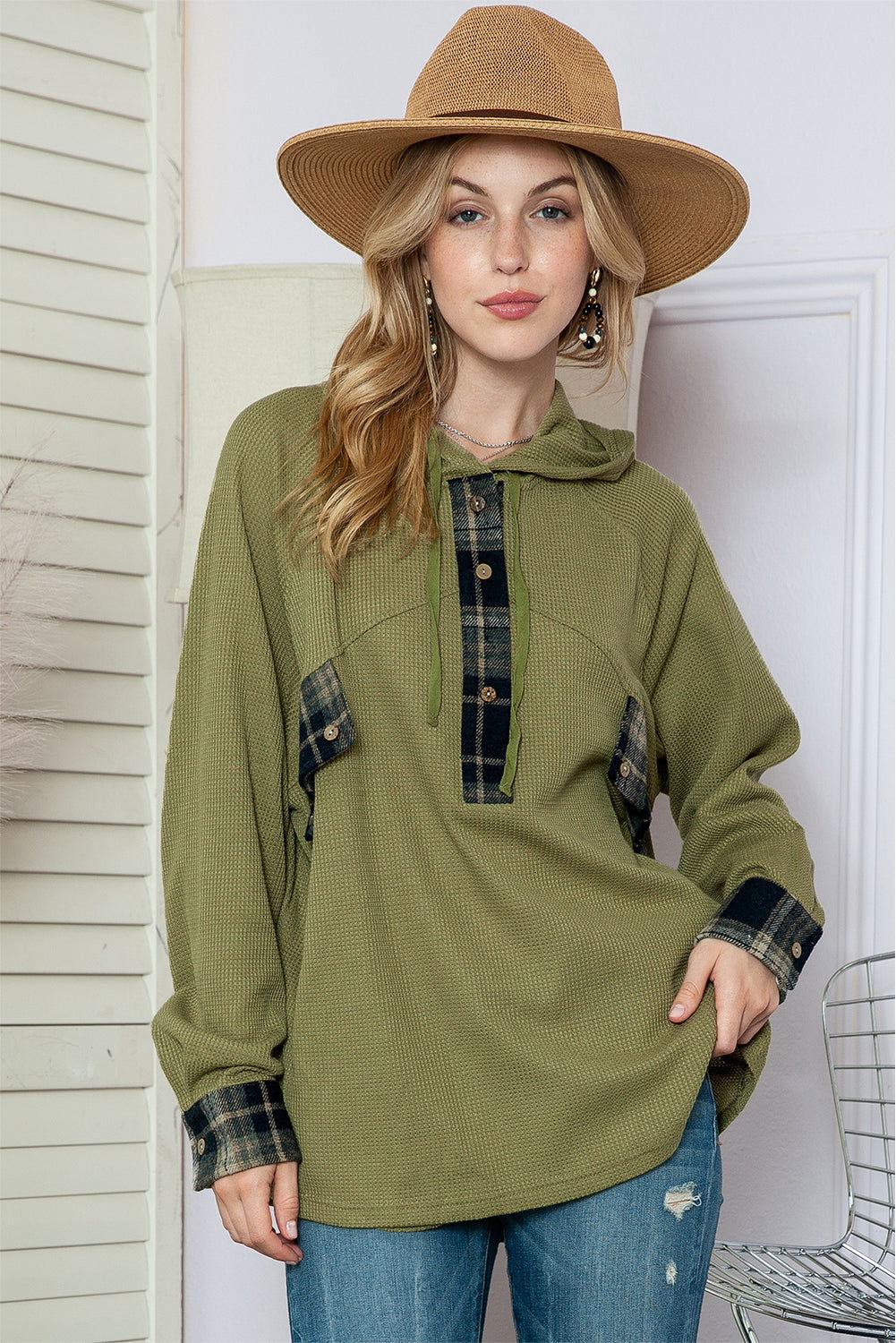 Green Waffle Knit and Flannel Henley Oversized Hoodie - Vesteeto