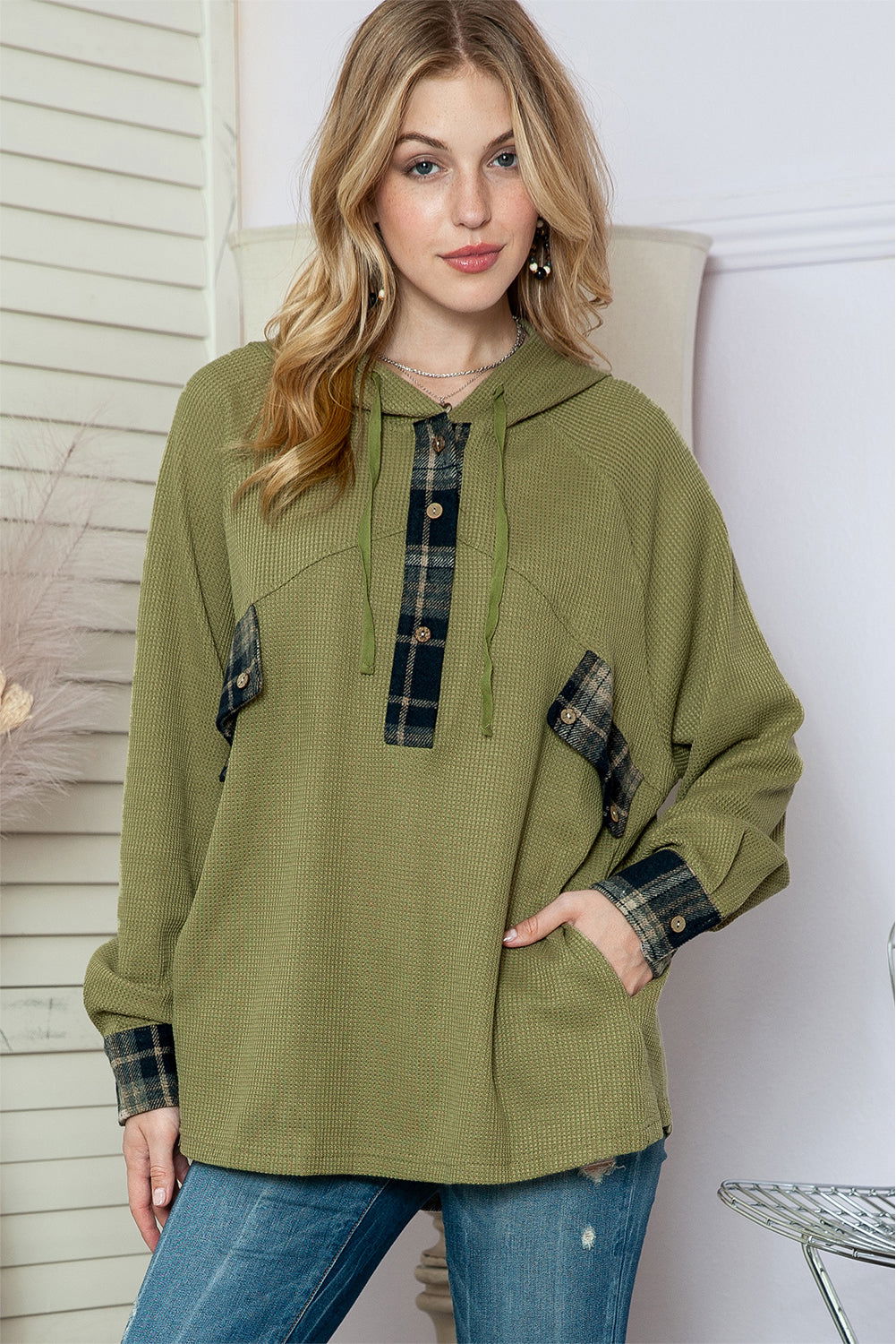 Green Waffle Knit and Flannel Henley Oversized Hoodie - Vesteeto