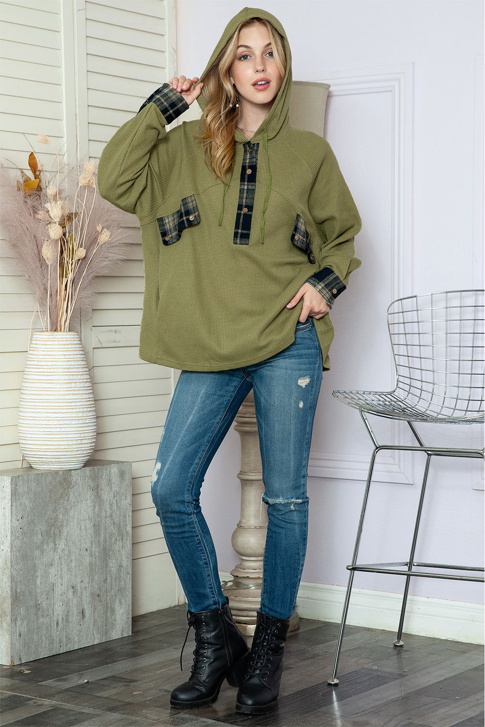 Green Waffle Knit and Flannel Henley Oversized Hoodie - Vesteeto