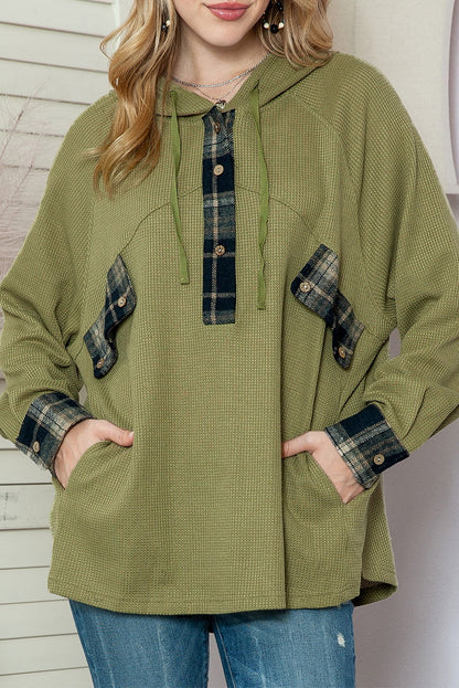 Green Waffle Knit and Flannel Henley Oversized Hoodie - Vesteeto