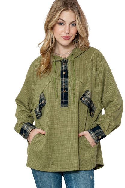 Green Waffle Knit and Flannel Henley Oversized Hoodie - Vesteeto