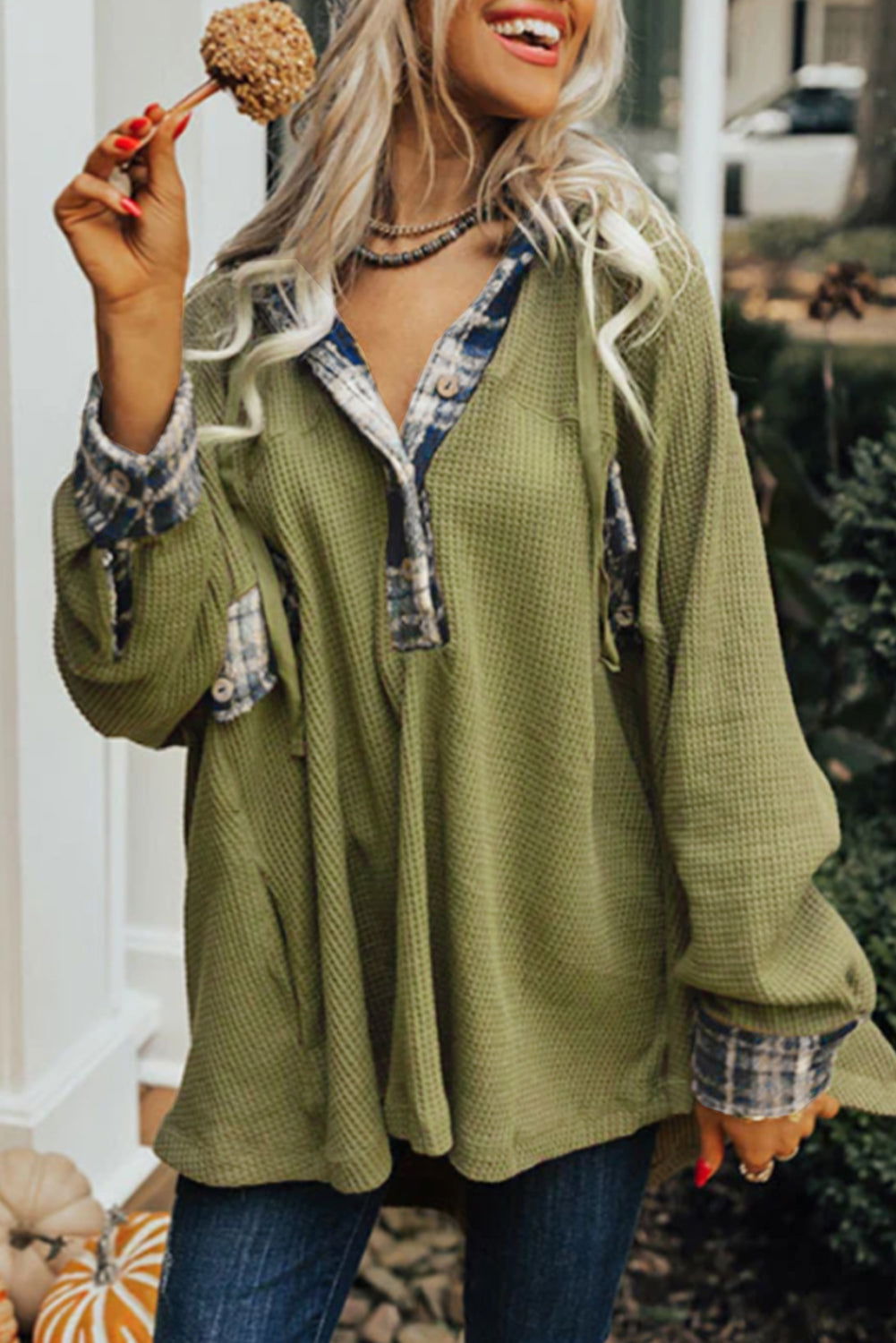 Green Waffle Knit and Flannel Henley Oversized Hoodie - Vesteeto