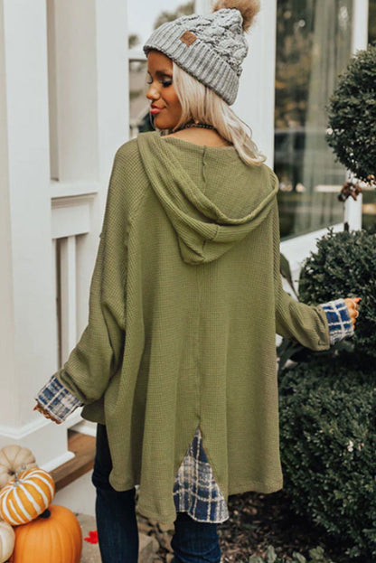 Green Waffle Knit and Flannel Henley Oversized Hoodie - Vesteeto