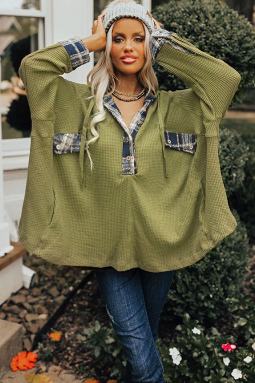 Green Waffle Knit and Flannel Henley Oversized Hoodie - Vesteeto