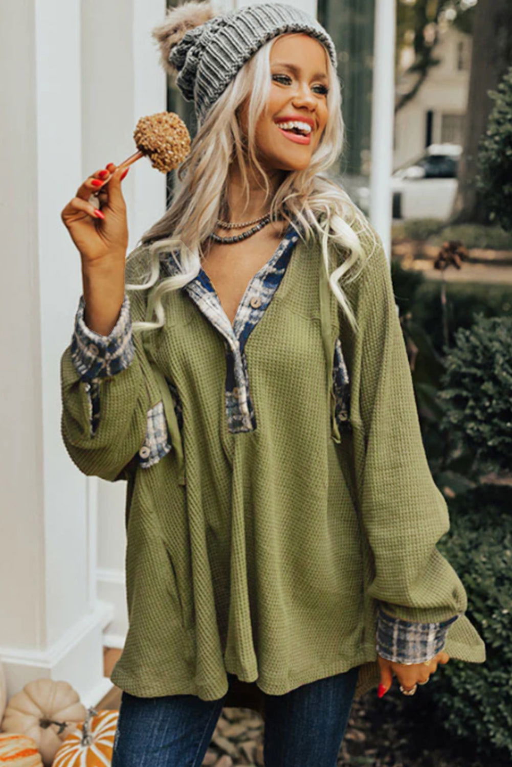 Green Waffle Knit and Flannel Henley Oversized Hoodie - Vesteeto