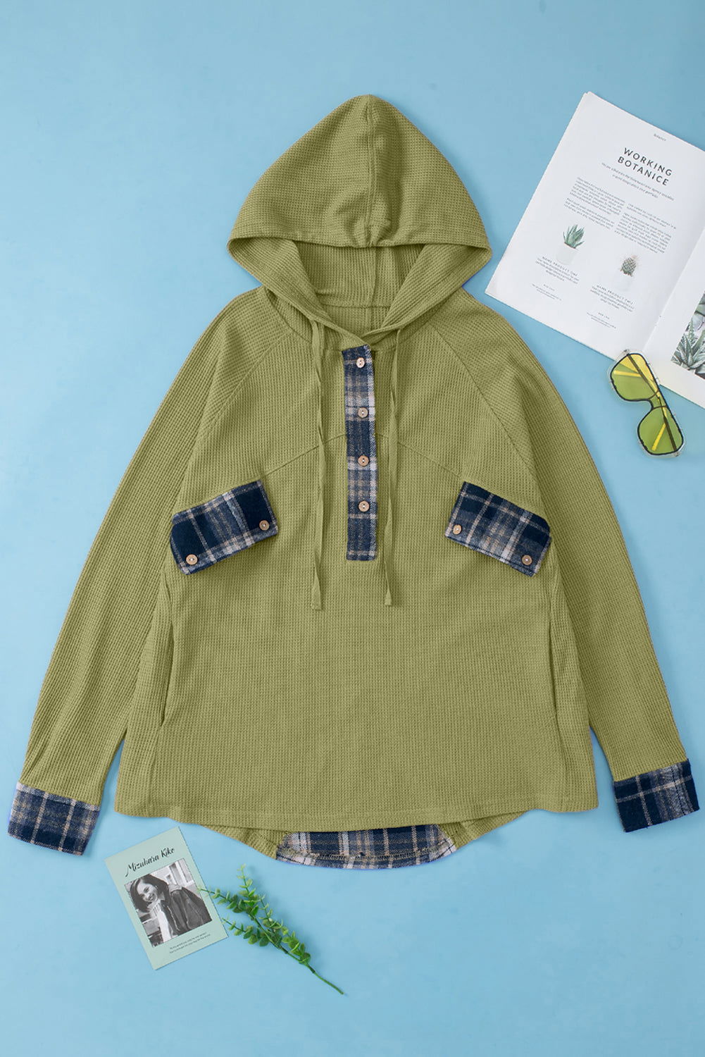 Green Waffle Knit and Flannel Henley Oversized Hoodie - Vesteeto