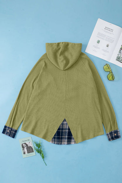 Green Waffle Knit and Flannel Henley Oversized Hoodie - Vesteeto